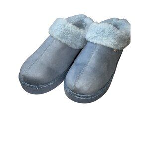 Womens Mist Blue Faux Fur-Lined Slip-On Slippers Joy Luxe 9W